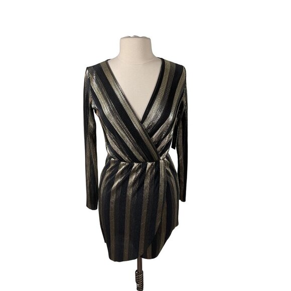 V.I.P. Party Gold and Black Striped Pleated Long Sleeve Dress - Picture 1 of 4